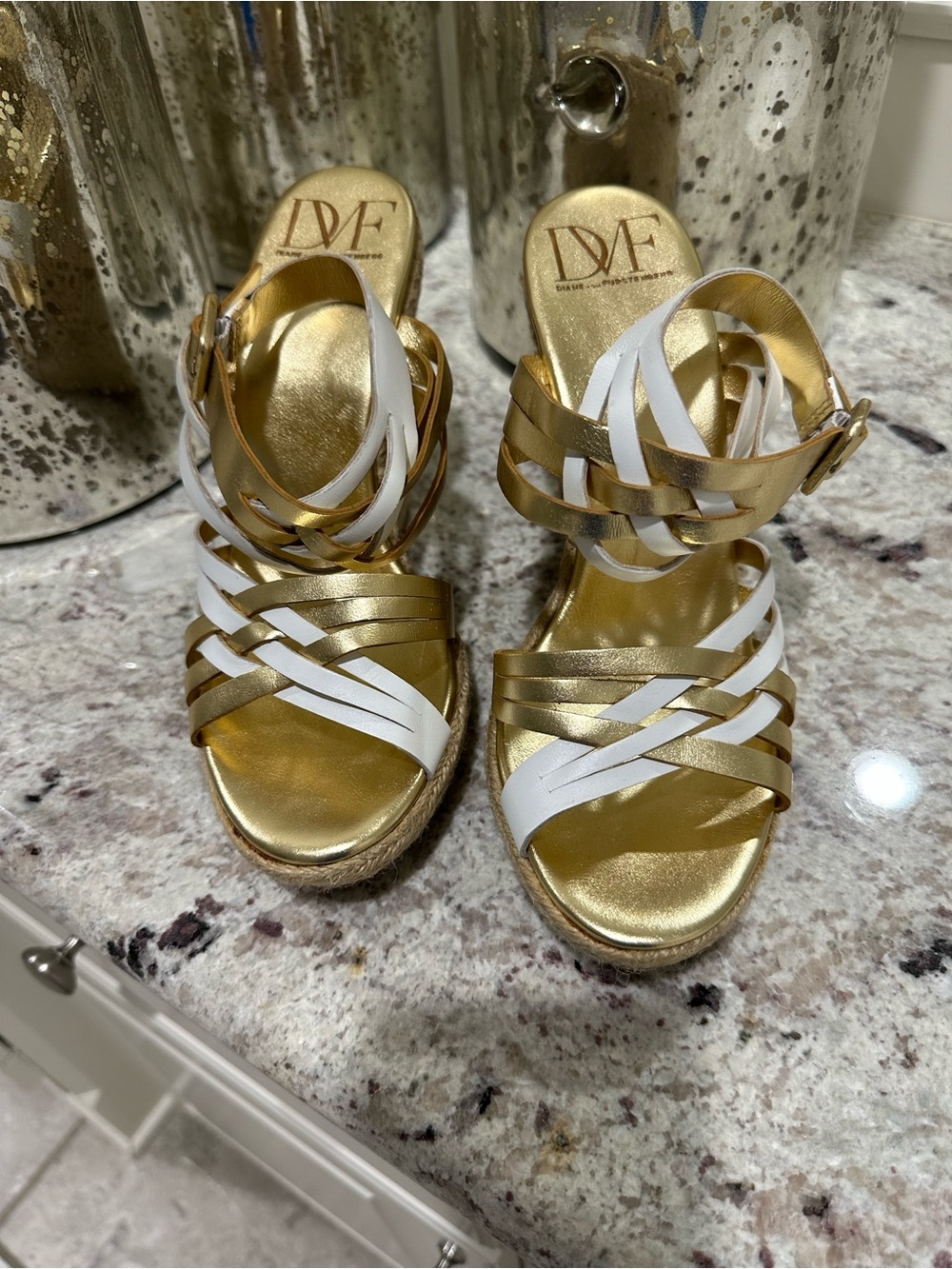 Brand new, unused DVF vintage metallic woven wedge sandals; size 7; perfect